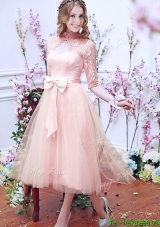 See Through High Neck Half Sleeves Prom Dress with Bowknot