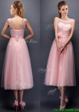 Lovely Hand Made Flowers and Applique Scoop Bridesmaid Dress in Baby Pink