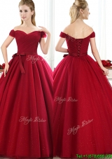 New Arrivals Off the Shoulder Wine Red Prom Dress with Bowknot