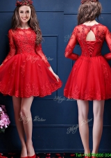 Classical Scoop Three Fourth Length Sleeves Short Prom Dress with Beading and Lace