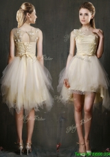 See Through Scoop Champagne Prom Dress with Appliques and Belt
