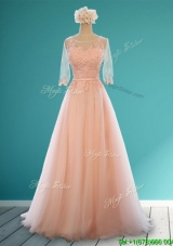 Classical Scoop Half Sleeves Prom Dress with Appliques and Belt