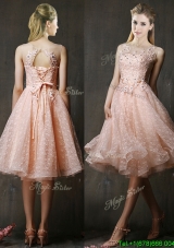 See Through Beaded and Applique Peach Prom Dress with Polka Dot