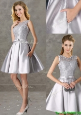 Classical Laced and Bowknot Scoop Mother Groom Dress in Silver