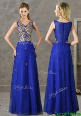 Gorgeous V Neck Appliques and Beading Bridesmaid Dress in Royal Blue