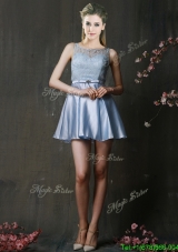 Fashionable Light Blue Short Bridesmaid Dress with Lace and Belt