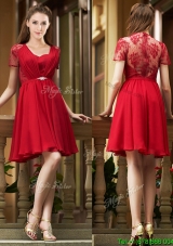 Elegant See Through Back Red Short Bridesmaid Dress with Short Sleeves