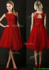 Modest Knee Length Red Bridesmaid Dress with Beading and Appliques
