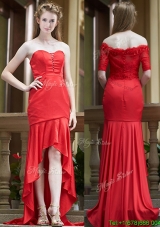 Cheap Column High Low Red Bridesmaid Dress with Brush Train