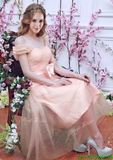 Gorgeous Off the Shoulder Cap Sleeves Bridesmaid Dress with Bowknot