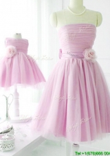 New Arrivals Strapless Baby Pink Bridesmaid Dress with Handcrafted Flower