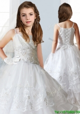 Luxurious White Spaghetti Straps Little Girl Pageant Dress with Appliques and Ruffled Layers