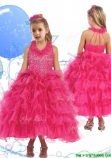Latest Halter Top Beading and Ruffled Layers Little Girl Pageant Dress in Hot Pink