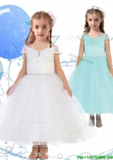 See Through Square Cap Sleeves Little Girl Pageant Dress with Beading