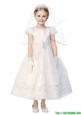 Classical Scoop Short Sleeves Flower Girl Dress with Appliques and Bowknot