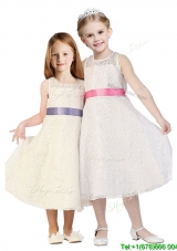See Through Scoop Flower Girl Dress with Belt and Lace