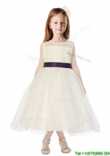 See Through Scoop Belt and Lace Flower Girl Dress in Champagne