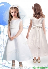 Modest Scoop Cap Sleeves Satin Flower Girl Dress with Sashes