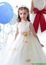 Luxurious Scoop White Flower Girl Dress with Sashes and Hand Made Flowers