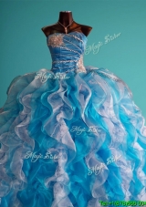 Discount Beaded and Ruffled Big Puffy Sweet 16 Dress in White and Blue