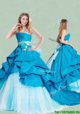 Beautiful Handcrafted Flowers and Ruffled Strapless Quinceanera Dress with Brush Train