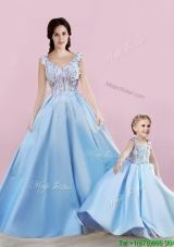 2016 Sexy Deep V Neckline Applique Prom Dress in Baby Blue and New Style V Neck Little Girl Dress in Satin