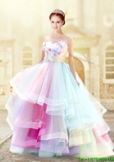 Romantic Rainbow Prom Dress with Hand Made Flowers and Ruffled Layers