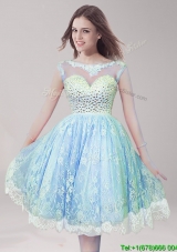 Cheap Scoop Light Blue Prom Dress with Beading and Lace