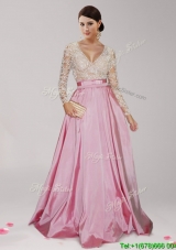 Sexy Deep V Neckline Long Sleeves Prom Dress with Beading and Belt