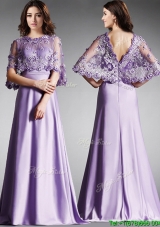 Hot Sale Scoop Half Sleeves Lace Prom Dress in Lavender