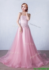 Discount Strapless Applique Tulle Prom Dress with Brush Train