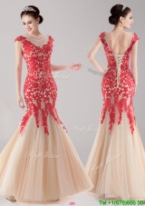 See Through Scoop Cap Sleeves Mermaid Prom Dress with Lace