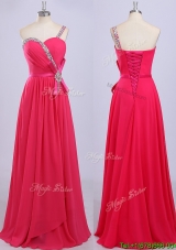 Modest One Shoulder Coral Red Prom Dress with Beading and Belt