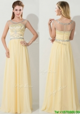 See Through Scoop Light Yellow Prom Dress with Beading