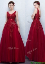 Gorgeous V Neck Applique and Belted Prom Dress in Wine Red