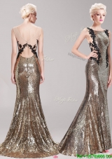 Affordable Square Sequined and Applique Mermaid Prom Dress with Brush Train