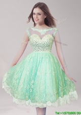 Pretty Scoop Beaded and Laced Prom Dress in Apple Green for Spring