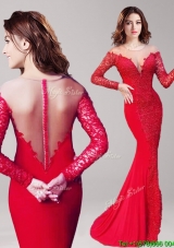 See Through Scoop Long Sleeves Lace Prom Dress in Red