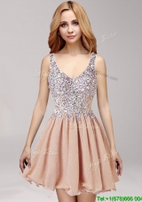 Unique Straps Criss Cross Champagne Prom Dress with Ruffles and Beading