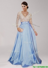 Gorgeous Beaded and Belted Deep V Neckline Prom Dress in Baby Blue