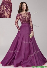 See Through Scoop Long Sleeves Dark Purple Prom Dress with Beading