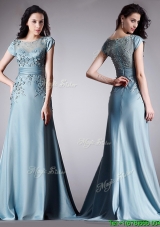 See Through Scoop Cap Sleeves Appliques Prom Dress with Brush Train