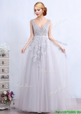 Elegant V Neck Brush Train Grey Prom Dress with Appliques and Belt