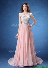 Pretty Scoop Baby Pink Chiffon Prom Dress with Lace and Belt