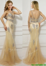 Popular Scoop Cap Sleeves Champagne Evening Dress with Beading