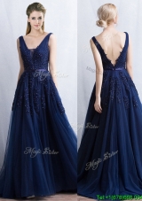 Cheap Applique and Belted Navy Blue Evening Dress with Brush Train