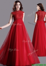 Classical High Neck Cap Sleeves Lace Evening Dress in Red