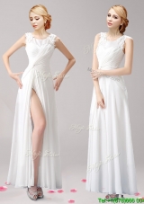 Fashionable High Slit Scoop White Evening Dress with Appliques