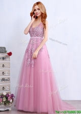 Wonderful V Neck Applique and Belted Evening Dress with Brush Train