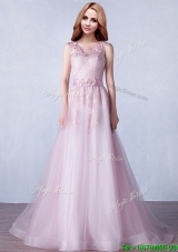 See Through Scoop Brush Train Evening Dress with Appliques and Hand Made Flowers